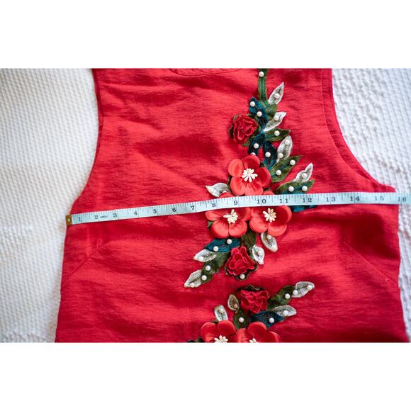 Vintage Mod Mini Dress Barkcloth 70s Sleeveless Red Floral Applique XS Party - Picture 5 of 10